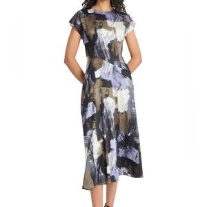 Maggy London Size 6 Twill Paint Print Midi Dress A-Line Cap Sleeve